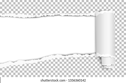 Oblong torn hole in transparent sheet of paper with shadow and paper curl. White resulting background. Vector paper mock up.