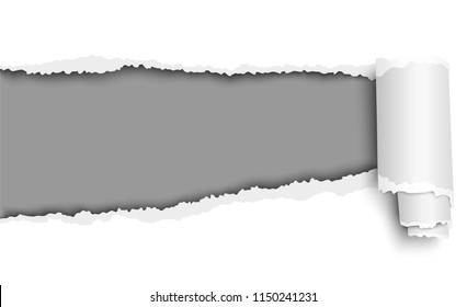 Oblong torn hole in white sheet with paper curl and dark gray resulting background. Vector paper template.