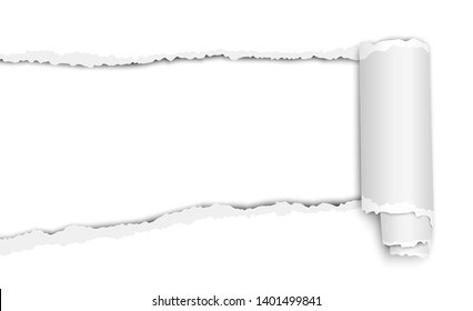 Oblong torn hole in white sheet of paper with shadow and paper curl. Vector paper mockup.