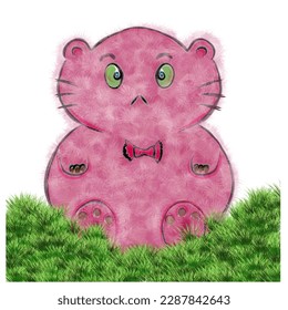 obnoxious teddy bear wearing a bow tie with cat moustaches, children's illustration