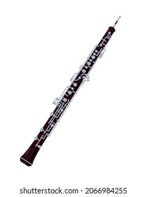 Oboe icon isolated on white background. Woodwind classical orchestral musical instrument oboe. Vector illustration in flat cartoon realism style.