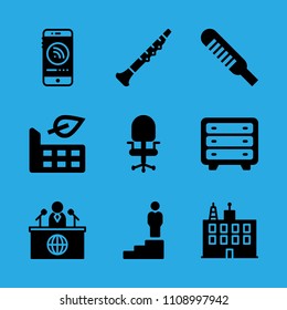 oboe, news reporter, thermometer, chest of drawers, promotion, building, factory, desk chair and smartphone vector icon. Simple icons set