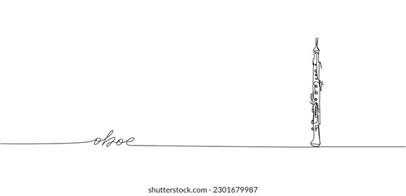 Oboe one line art. Continuous line drawing of wind, symphony, retro, clarinet, bass, oboe, sax, music, flute, jazz, orchestra, horn with an inscription, lettering, handwritten.