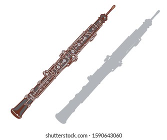 Oboe and it's silhouette set. Vector illustration.	