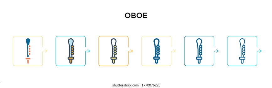 Oboe vector icon in 6 different modern styles. Black, two colored oboe icons designed in filled, outline, line and stroke style. Vector illustration can be used for web, mobile, ui