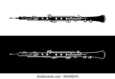 Oboe - Vector Orchestra Music Instrument silhouette illustration on white and black Background.