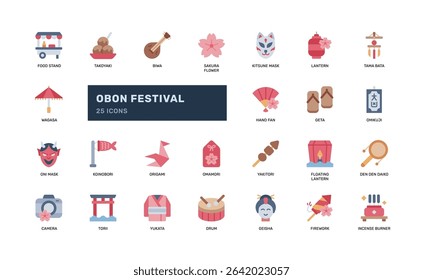 Obon festival flat icon set featuring Japanese culture symbols food decorations and celebration objects great for travel illustration holiday content and seasonal design material