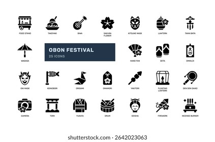 Obon festival glyph icon set showcasing Japanese cultural items celebration objects and holiday elements perfect for seasonal illustrations travel content or traditional event promotion