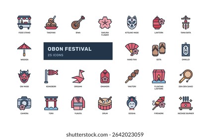 Obon festival icon set in outline filled style featuring Japanese cultural symbols tradition objects and celebration elements perfect for event promotion travel materials or seasonal design use
