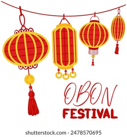 Obon Festival. Japanese lantern festival Obon on white. Traditional summer festival. Day of the Dead in Japan from August 13-15. Lanterns hanging a lot on the sides with the inscription. Relatives day