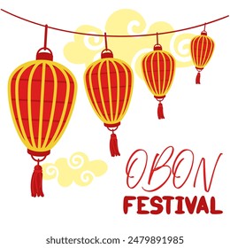 Obon Festival. Japanese lantern festival Obon on white. A traditional summer festival. Day of the Dead in Japan from August 13-15. Lanterns red, yellow with the inscription day. of the cloud yellow