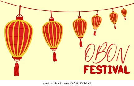 Obon Festival. Japanese lantern festival Obon on white. Traditional summer festival. Day of the Dead in Japan. August 13-15. Lanterns red yellow they hang a lot with the inscription day. horizontal
