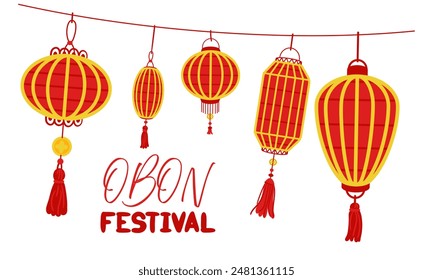 Obon Festival. Japanese lantern festival Obon on white. A traditional summer festival. Day of the Dead in Japan from August 13-15. Lanterns red yellow with the inscription day. horizontal. Relatives