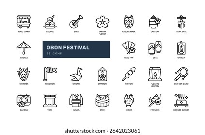 Obon festival outline icon set showing Japanese cultural items food symbols and celebration objects ideal for seasonal visuals holiday themes travel projects and heritage illustrations