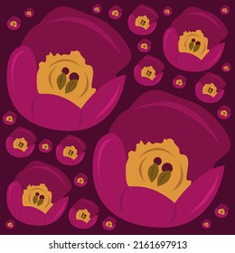 Obovate peony flowers flat vector background. Cute obovate peony flowers cartoon vector background for graphic design, illustration, and decorative element