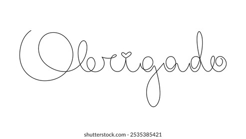 Obrigado lettering drawn with one continuous line in minimalism. Portuguese. Editable vector outline