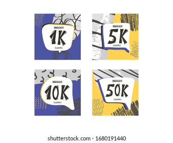 Obrigado seguidores set. Thank you followers in portuguese. Celebration subscribers banners.  1k, 5k, 10k, 50k screens for public channel. Vector illustration for social media. 