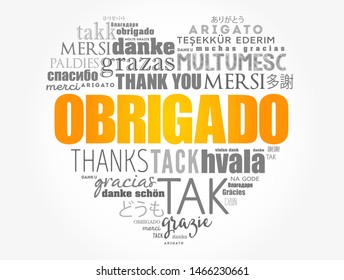 Obrigado (Thank You in Portuguese) love heart Word Cloud in different languages