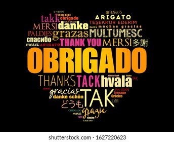 Obrigado (Thank You in Portuguese) love heart Word Cloud in different languages