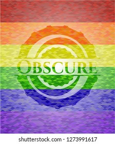 Obscure emblem on mosaic background with the colors of the LGBT flag