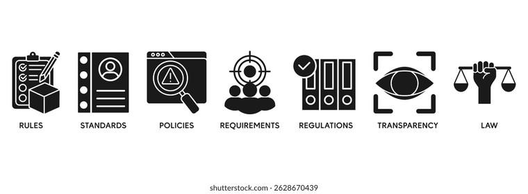 Observance icon set vector illustration concept relate to rules, standards, policies, requirements, regulations, transparency, and law