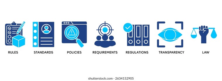 El concepto de Ilustración vectorial del conjunto de iconos de observancia se relaciona con reglas, estándares, políticas, requisitos, regulaciones, transparencia y leyes