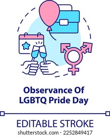 Observance of LGBTQ pride day concept icon. Creating inclusive workplace abstract idea thin line illustration. Isolated outline drawing. Editable stroke. Arial, Myriad Pro-Bold fonts used