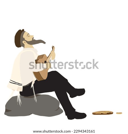 An observant Jewish guitar player sits on a rock and sings with his face up. In front of him is a round tin box with charity money inside.
Isolated colorful vector. wearing a tassel He has a casket. Foto d'archivio © 