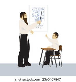 An observant Jewish rabbi teaches a small boy sitting on a chair the letters of the Hebrew alphabet.
In the background on the wall is the vowels and consonants poster.
Flat vector illustration svg