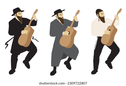 Músicos judíos ortodoxos observantes en una variedad de estilos de ropa. Hassidic, Jerusalemita, clásica. Toca guitarras, baila y canta.
Vector colorido sobre un fondo blanco. Cifras aisladas