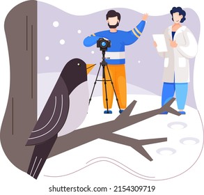 Observation of animals in wild. Ecologists scientists conduct research, take care of fowl and nature. Researcher study flora fauna and environment. Professional ecological activist photographing bird