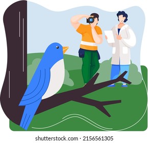 Observation of animals in wild. Ecologists scientists conduct research, take care of fowl and nature. Researcher study flora fauna and environment. Professional ecological activist photographing bird