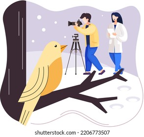 Observation of animals in wild. Ecologists scientists conduct research, take care of fowl and nature. Researcher study flora fauna and environment. Professional ecological activist photographing bird