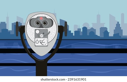 Observation binoculars on the boardwalk in Liberty State Park against the backdrop of a city in the USA