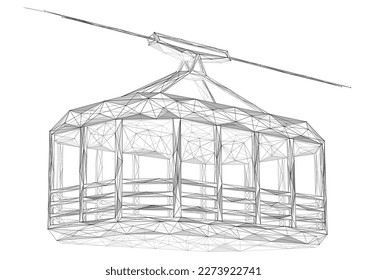 Cabina de observación en un cable. Diseño poligonal de líneas y puntos interconectados. Fondo blanco.