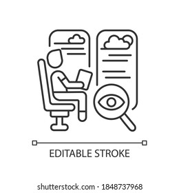 Observation car linear icon. Railroad transportation service thin line customizable illustration. Contour symbol. Passenger looking in window vector isolated outline drawing. Editable stroke