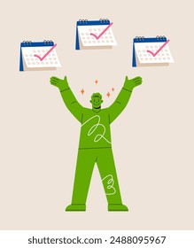 Observation carefully concept. Man  being happy with correct signs on calendars. Colorful vector illustration
