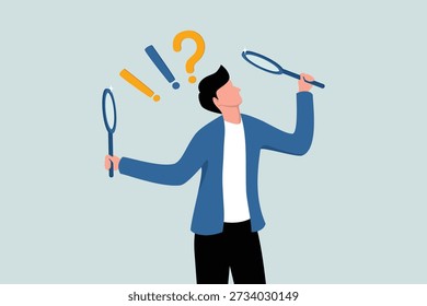Observação ou curiosidade para encontrar segredos, procurar ou analisar informações, um empresário curioso segurando uma lupa observa os dados com um ponto de interrogação.