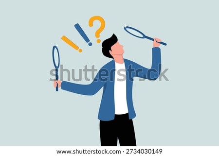Observation or curiosity to find secrets, search for or analyze information, a curious businessman holding a magnifying glass observes the data with a question mark.