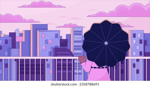 Observation deck lo fi aesthetic wallpaper. Girl on terrace with umbrella looking on city. Sunset 2D vector cartoon cityscape illustration, purple lofi background. 90s retro album art, chill vibes