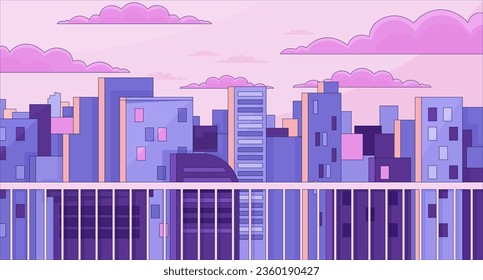 Observation desk chill lo fi background. Open terrace. Looking on view. Buildings 2D vector cartoon cityscape illustration, purple lofi wallpaper desktop. Sunset aesthetic 90s retro art, dreamy vibes