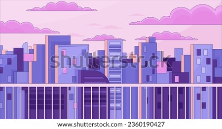 Observation desk chill lo fi background. Open terrace. Looking on view. Buildings 2D vector cartoon cityscape illustration, purple lofi wallpaper desktop. Sunset aesthetic 90s retro art, dreamy vibes