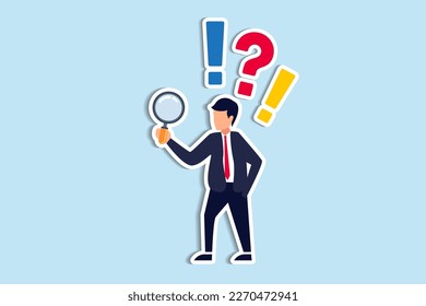 Observation or examination, curiosity to discover secret, search or analyze information, investigate or research concept, curious businessman holding magnifying glass observe data with question mark.