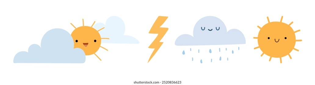 Iconos de observación y pronósticos para contar el Clima. Vector aislado de nubes lluviosas, sol y rayos. Elementos meteorológicos sonrientes, emoticonos de condiciones de Clima o diseño de pegatinas