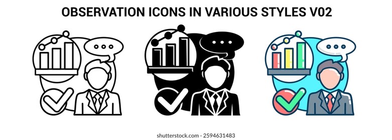 Observation icon represented by chart, check mark, comment Line, Filled, Color style.