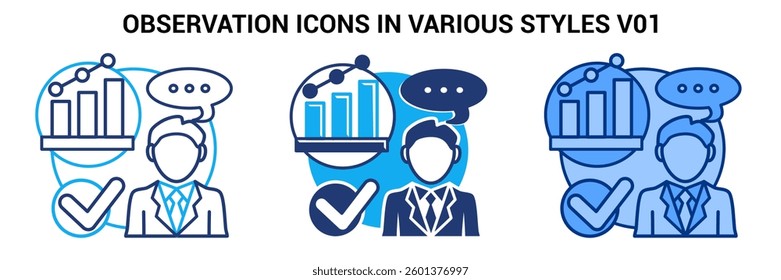 Observation icon represented by chart, check mark, comment Blue, Dualline, Dualtone style.