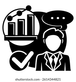 Observation icon represented by chart, check mark, comment Black Filled style.