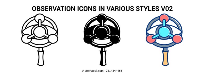 Observation icon represented by eye, particle, magnifying glass Line, Filled, Color style.