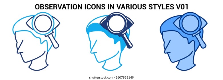 Observation icon represented by head, eye, magnifying glass Blue, Dualline, Dualtone style.