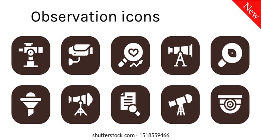 observation icon set. 10 filled observation icons.  Collection Of - Telescope, Surveillance, Analysis, Research, Funnel icons